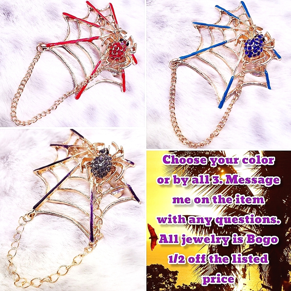 Gold multicolor crystal spider and spider web brooches  Buy one or buy all 3